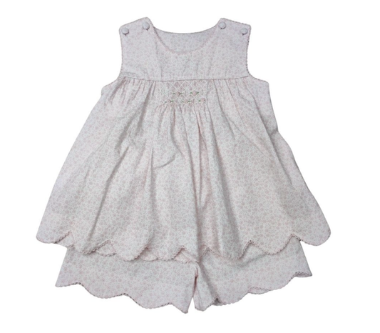 Girls Soft Pink Petal Smocked Button Shoulder Short Set