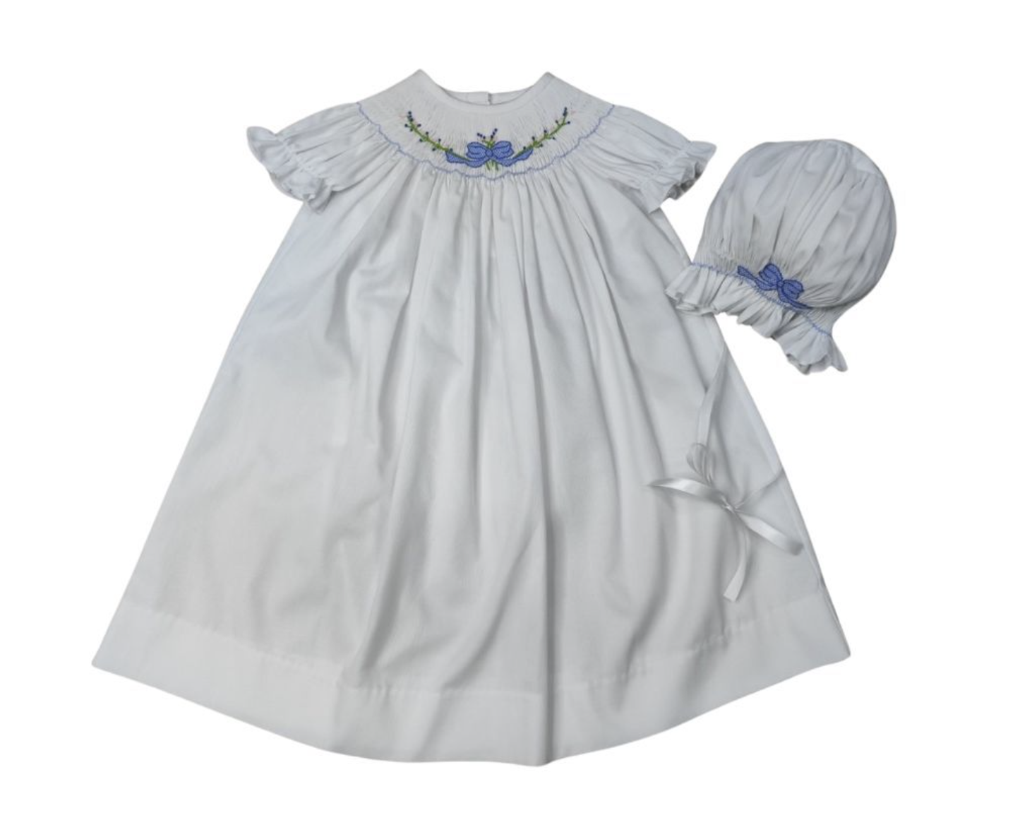 Girls White Delicate Smocked Blue Bow Daygown & Bonnet