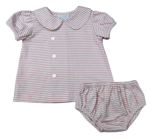 Girls White Pink Stripe Side Button Peter Pan Collar Diaper Set