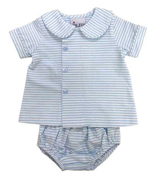 Boys Blue White Stripe Side Button Peter Pan Collar Diaper Set