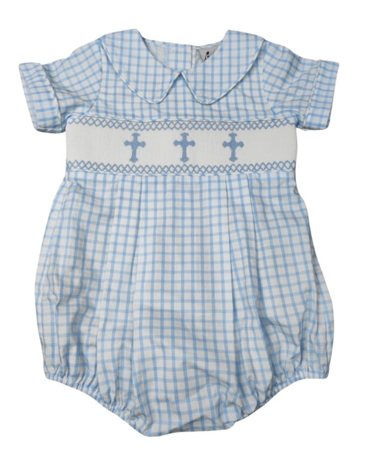 Boys Blue Short Bubble Smocked Blue Cross