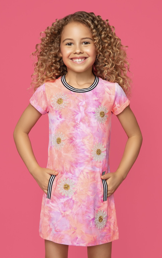 Tie Dye Daisy Studded Dress w/Pockets