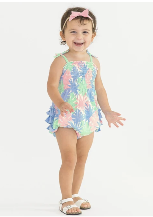 Pastel Palms Smocked Tie Knit Bubble Romper