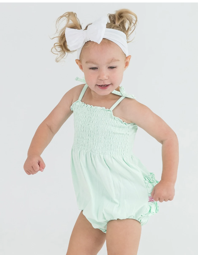 Mint Smocked Tie Knit Bubble Romper