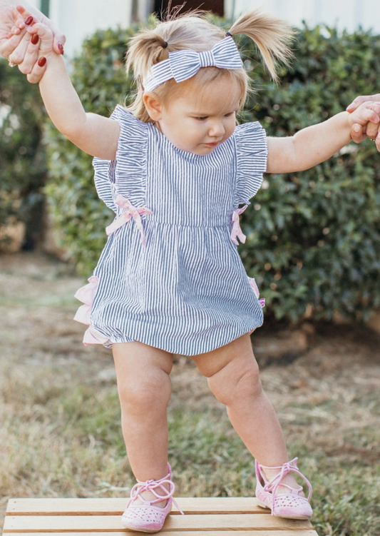 Classic Blue Seersucker Ruffle Romper