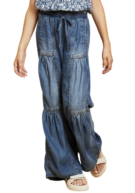 Drawstring Tiered Wide Leg Pull On