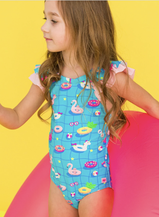 RB Neon Pool Party Ruffle V-Back One Piece