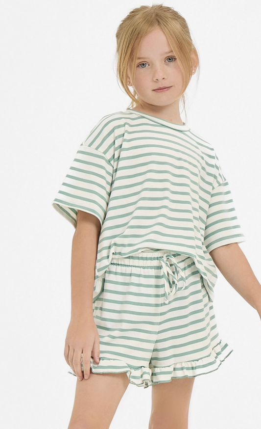 Mint Stripe Top/Ruffle Short Set
