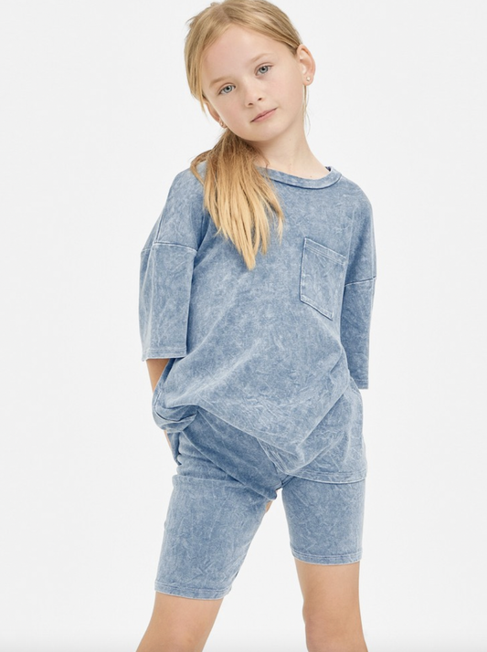 Denim Blue Mineral Washed Top and Biker Shorts Set