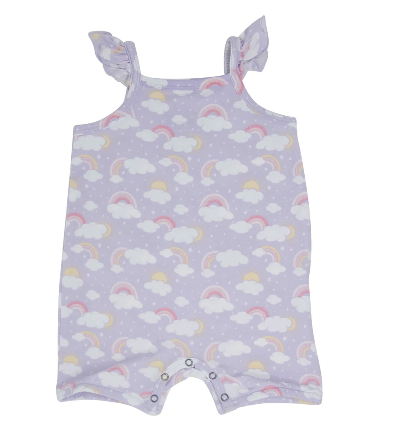 Lavender Rainbows and Clouds Flutter Sleeve Romper