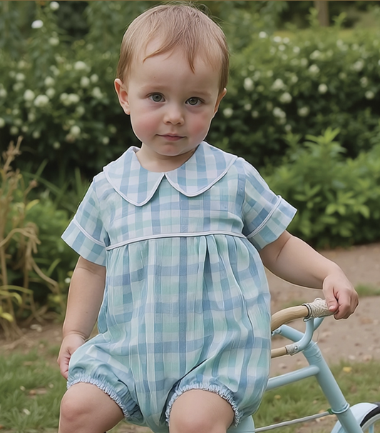 Blue Plaid Boy's Bubble Romper
