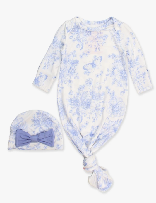 Periwinkle Blue Butterfly Garden Toile Ruffle Knotted Sleep Gown & Hat Set