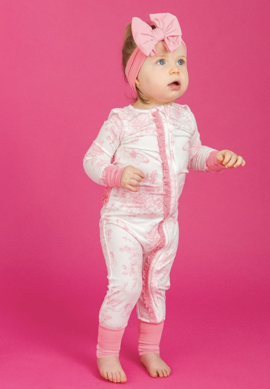 Pink Butterfly Garden Toile Convertible Ruffle One Piece Pajama