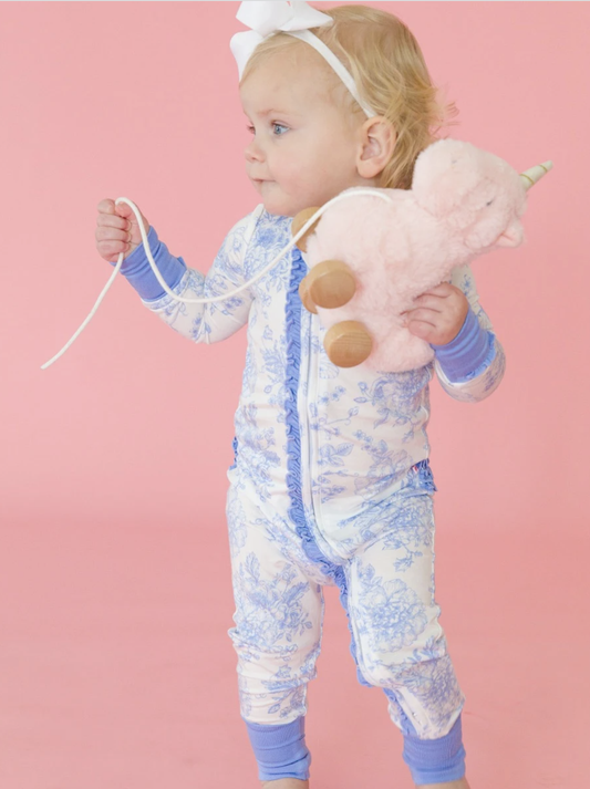 Periwinkle Blue Butterfly Garden Toile Convertible Ruffle One Piece Pajama