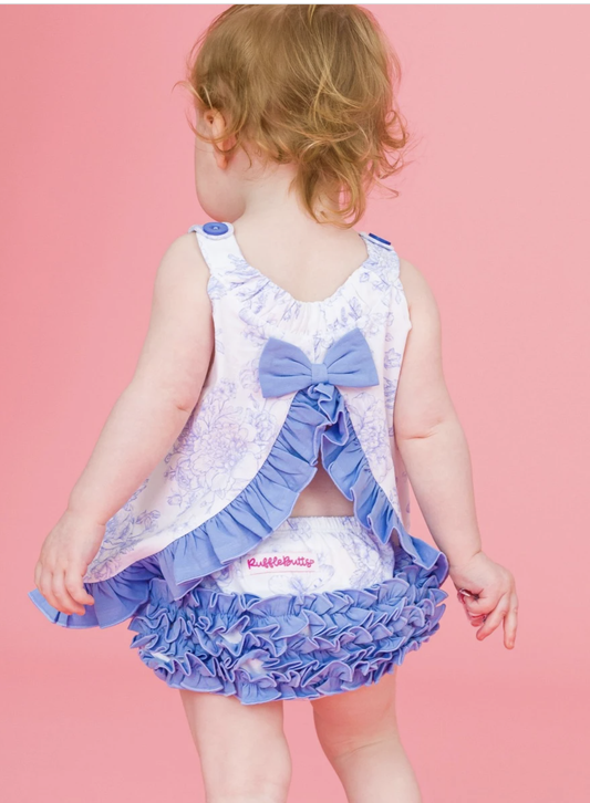 Periwinkle Blue Butterfly Garden Toile Knit Swing Top and Bloomer Set