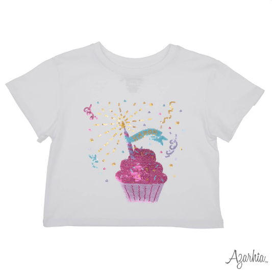 Cupcake Birthday Sequin on White Boxy
