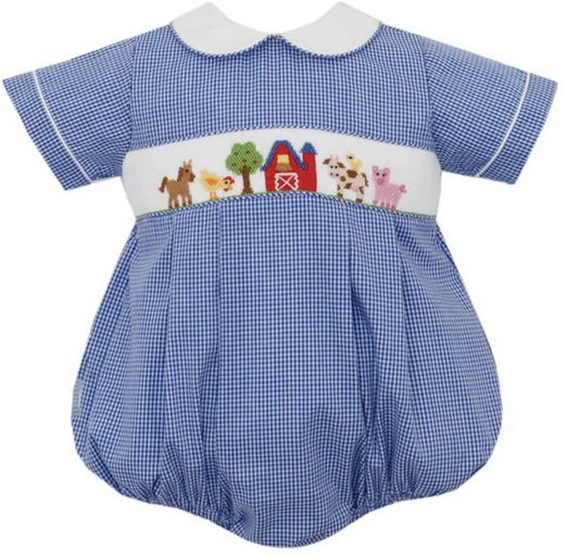 Petit Bebe Farm Boys Royal Blue Gingham Boys Bubble