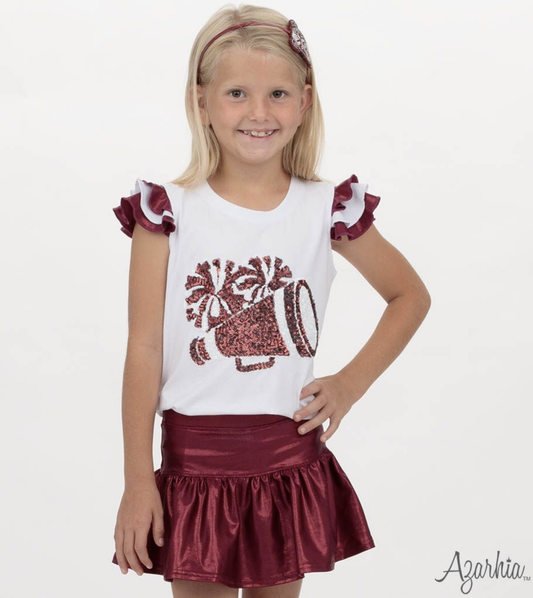 Shimmer Ruffle Sleeve Sequin Cheer in Maroon Game Day