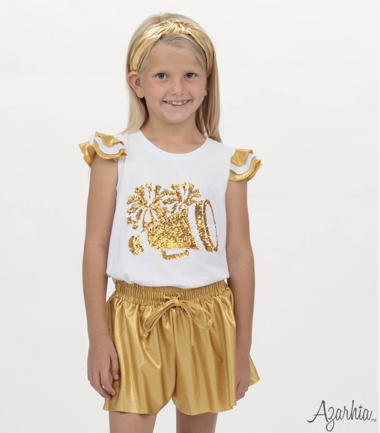 Shimmer Ruffle Sleeve Sequin Cheer in Gold Game Day