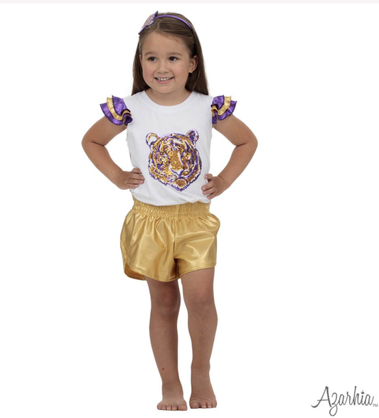 Shimmer Ruffle Sleeve Sequin Cheer in Tiger Game Day