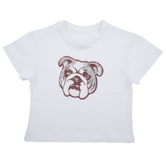 Sequin Bulldog in Maroon On Boxy Tee