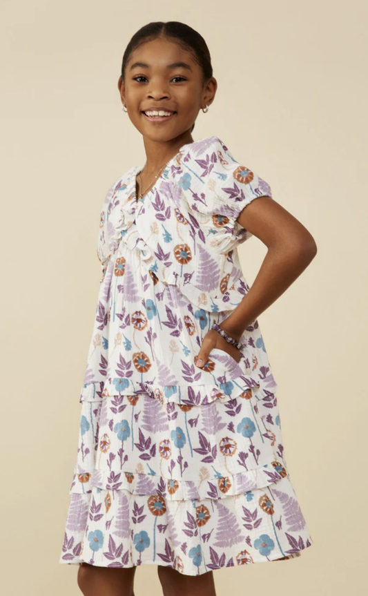 Hayden Girl Forest Print Ruffle Detail Textured Gauze Dress