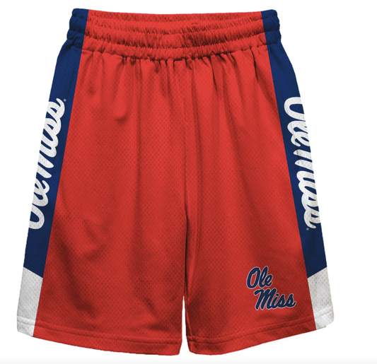 Ole Miss Rebels Game Day Navy Stripes Boys Solid Red Athletic Mesh Short