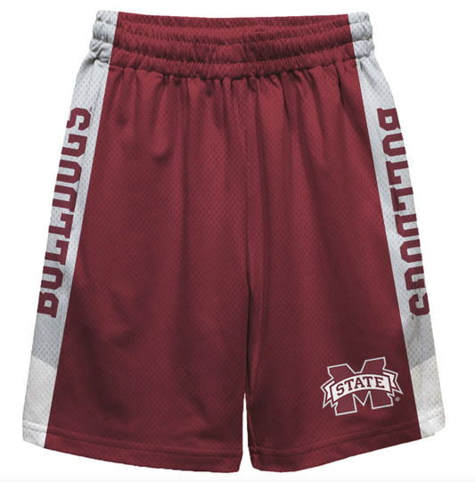 Mississippi State Bulldogs Game Day Grey Stripes Boys Solid Maroon Athletic Mesh Short