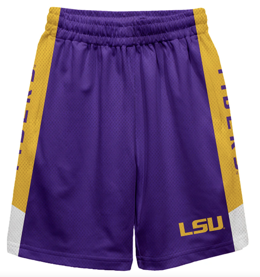 LSU Tigers Game Day Gold Stripes Boys Solid Purple Athletic Mesh Short