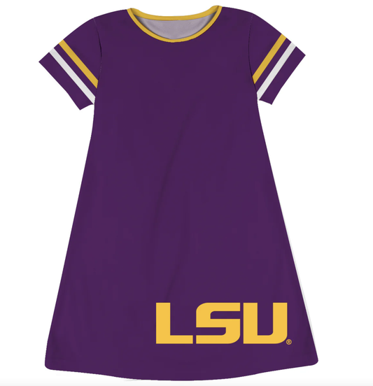 LSU Big Logo Gold/White Stripes Short Sleeve A Line Dress