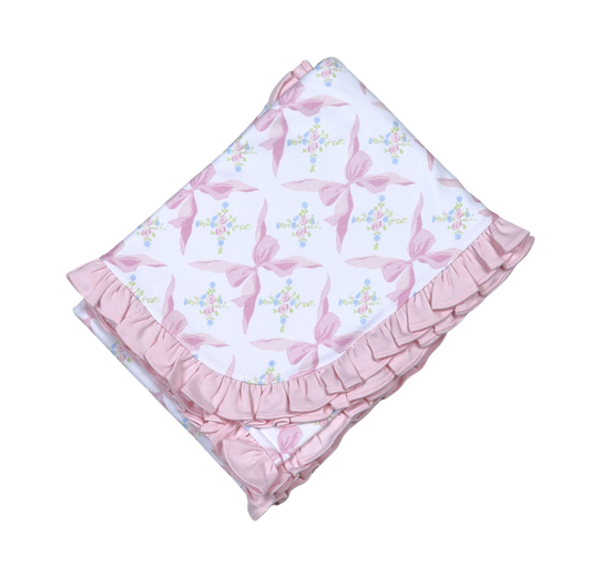 Baby Loren Pink Bows Pima Ruffles Receiving Blanket