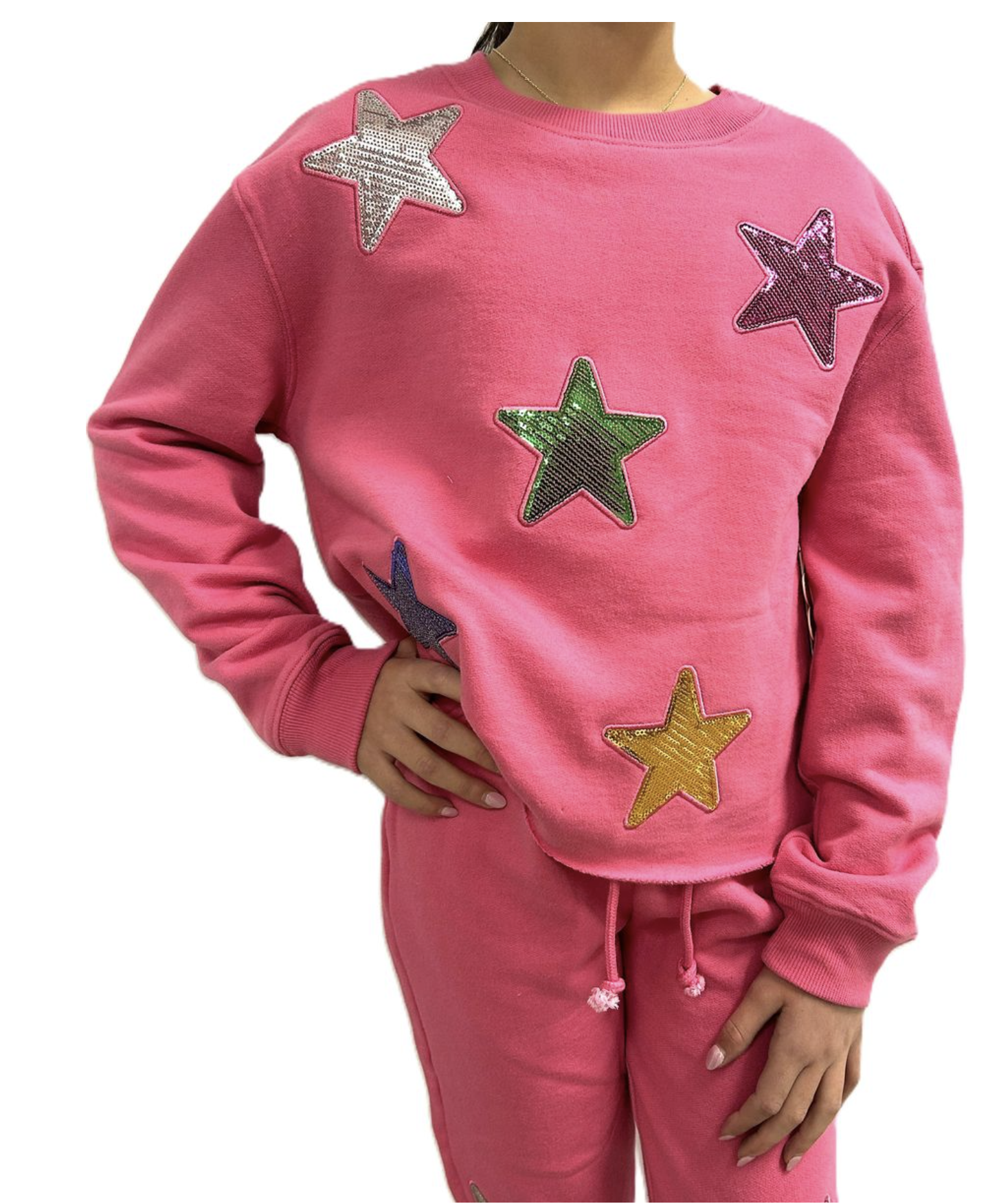 Paper Flower Sequins Stars Applique Sweatshirt/Pants Set