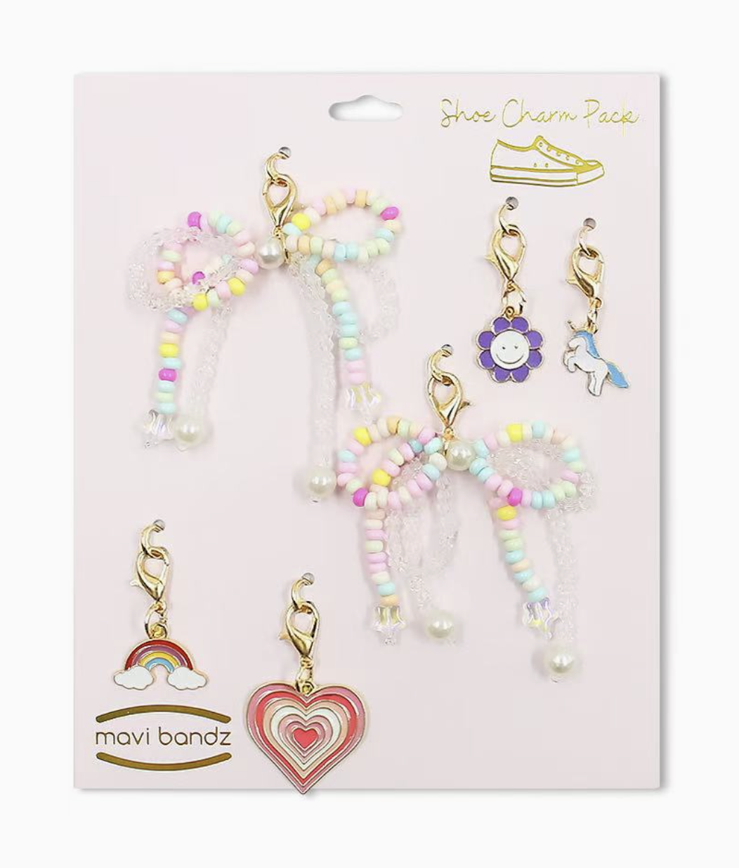Rainbow Bead Bow and Gold Shoe Charm Set For Shoelaces