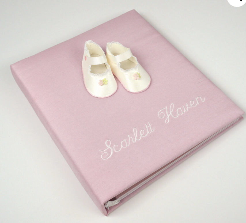 Baby Memory Book In Shantung With Baby Shoes