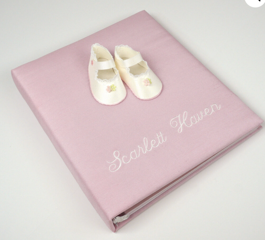 Baby Memory Book In Shantung With Baby Shoes