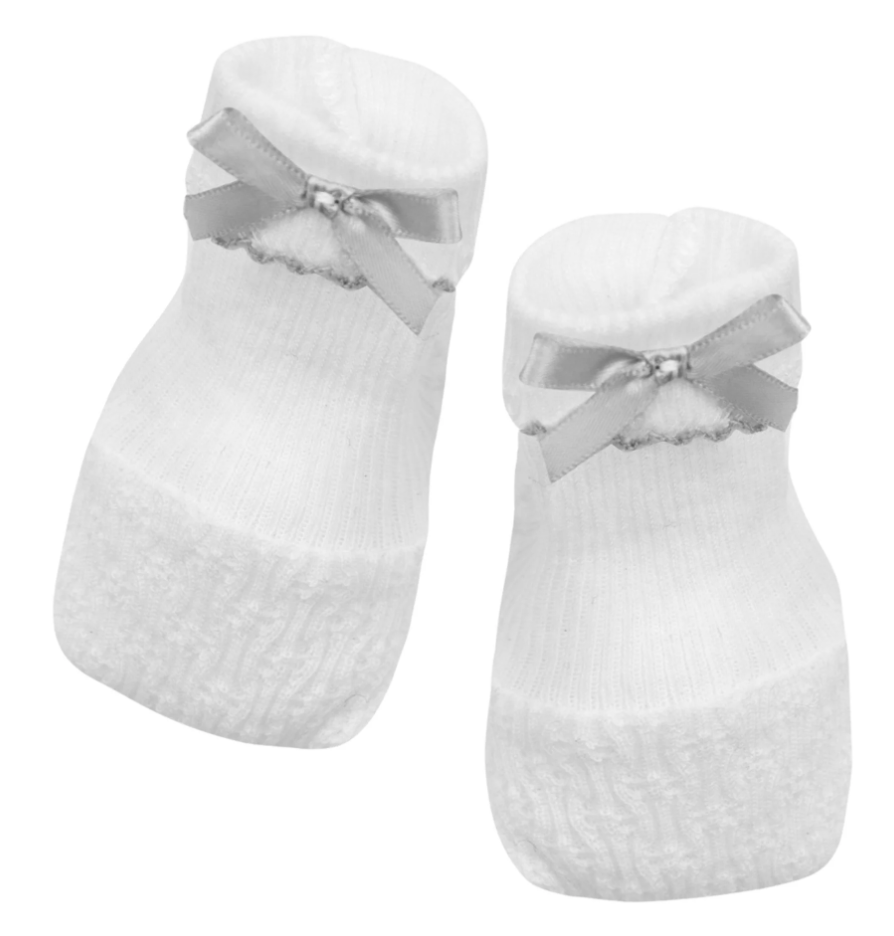 Paty Knit Booties White with Grey Bow