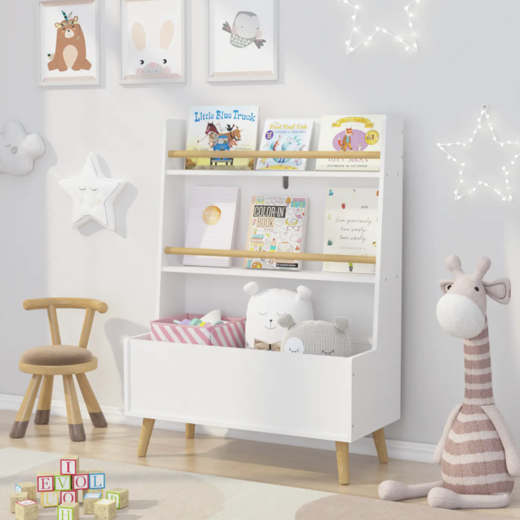 White Kids Bookshelf with Toy Storage and Book Organizer