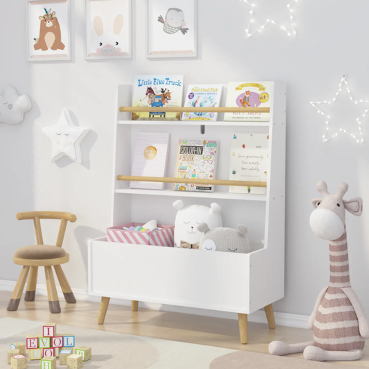 White Kids Bookshelf with Toy Storage and Book Organizer