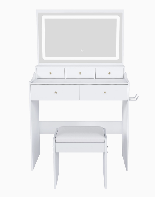 Modern Vanity Desk with Large Mirror Power Outlet 5 Drawers