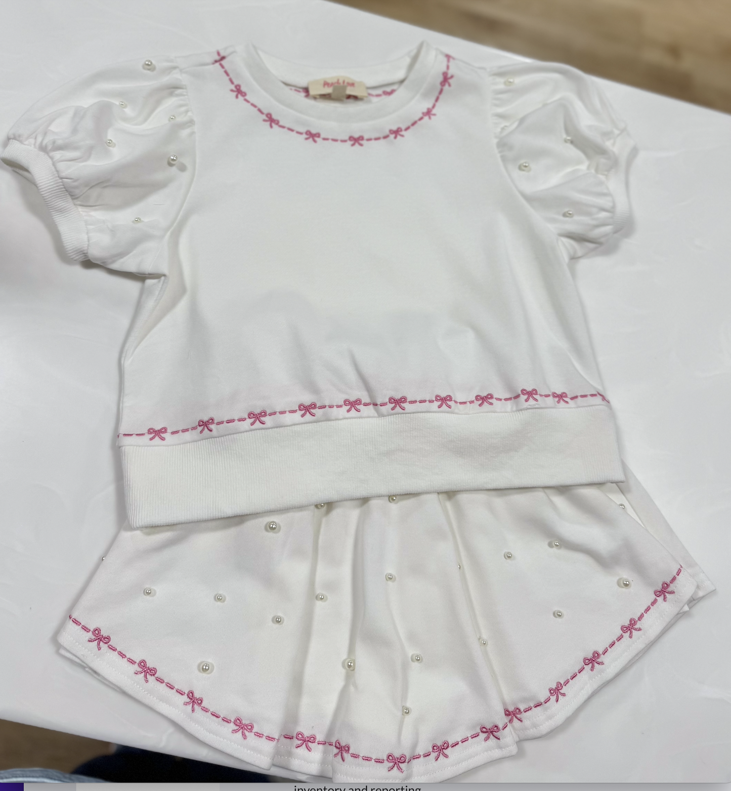 Peach Love Off White Bow Emb. & Pearl Puff Sleeve Skort Set