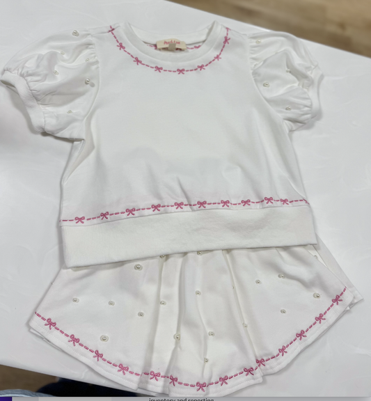 Peach Love Off White Bow Emb. & Pearl Puff Sleeve Skort Set