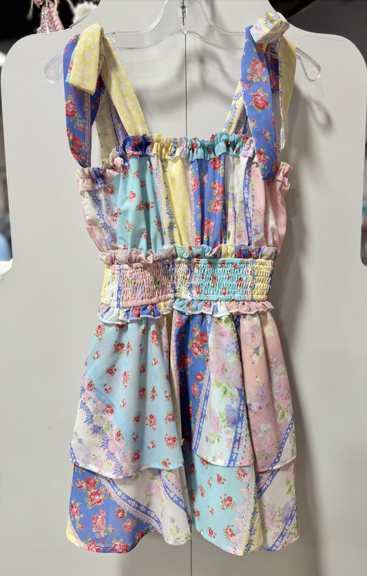 Peach Love Pastel Multi Floral Printed Tie Shoulder Romper