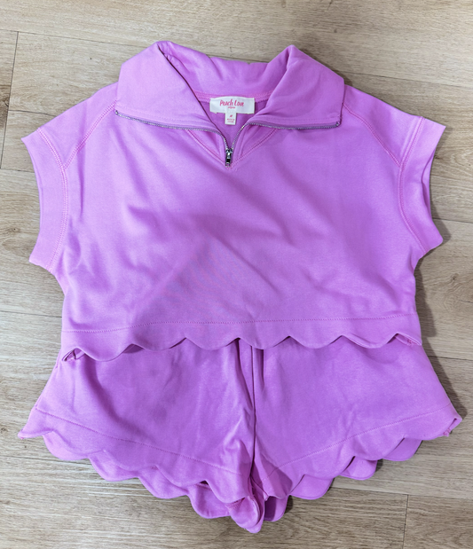 Peach Love Pink French Terry Scallop Hem Short Set