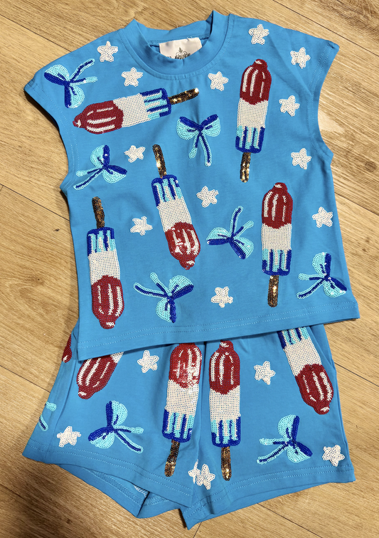 Belle Cher Sequin Popsicle  Bow Short Set