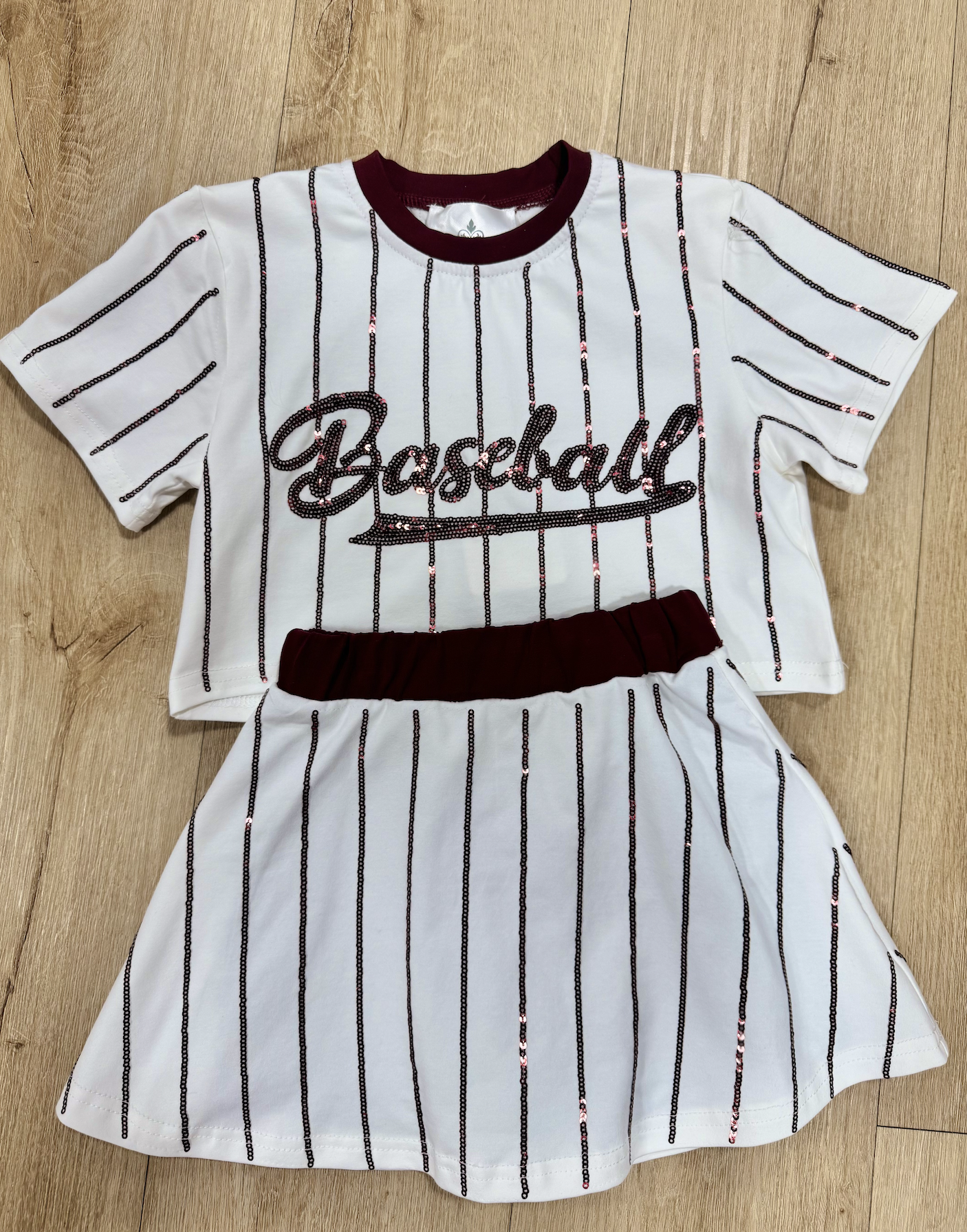 Belle Cher Baseball Maroon Striped Sequin Skort Set