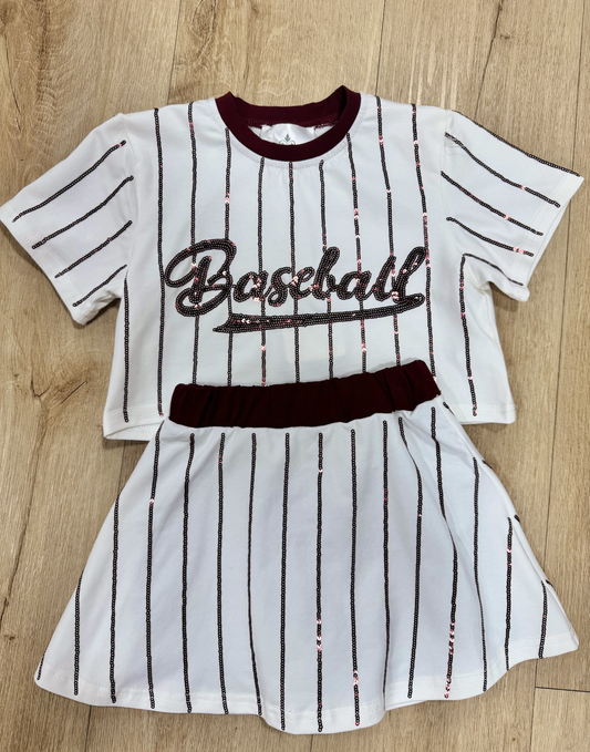Belle Cher Baseball Maroon Striped Sequin Skort Set