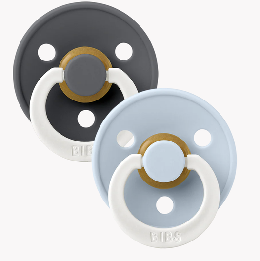 BIBS Colour GLOW Pacifiers 2 Pack - Iron/Baby Blue $16.95