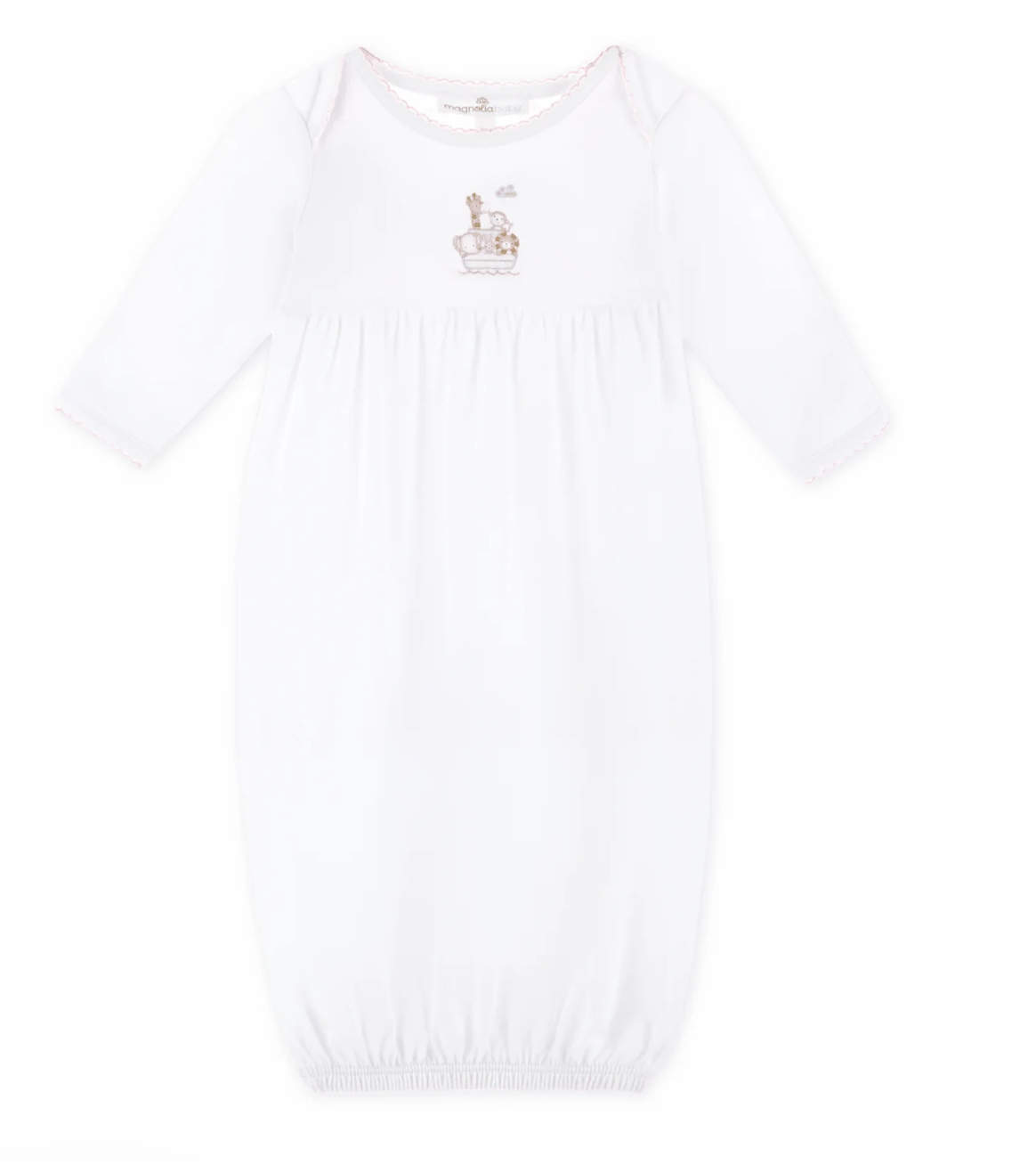 Noah's Ark Hand-Embroidered Gathered Gown - Pink
