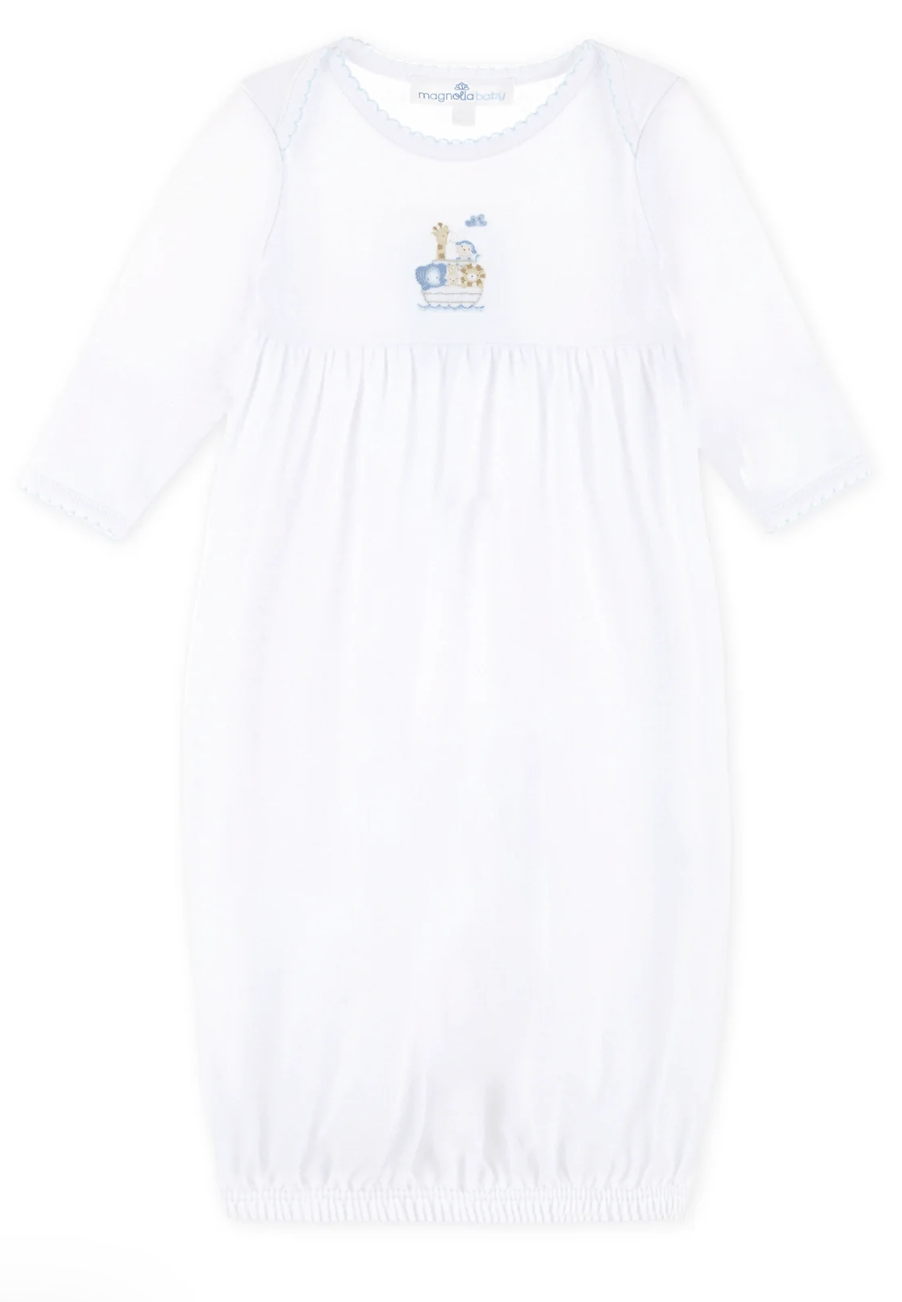 Noah's Ark Hand-Embroidered Gathered Gown - Light Blue