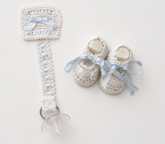 Marion's Child Booties & Pacifier Clip Set - Blue